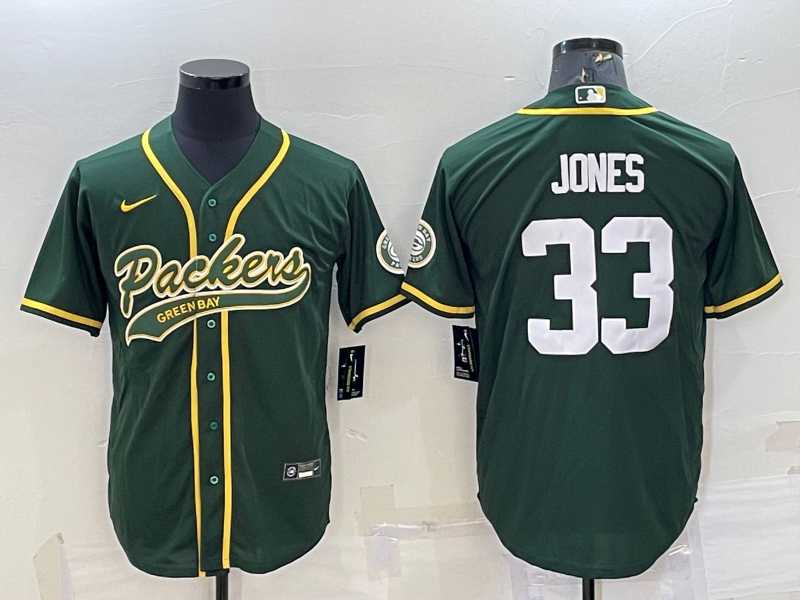 Mens Green Bay Packers #33 Aaron Jones Green With Patch Cool Base Stitched Baseball Jersey